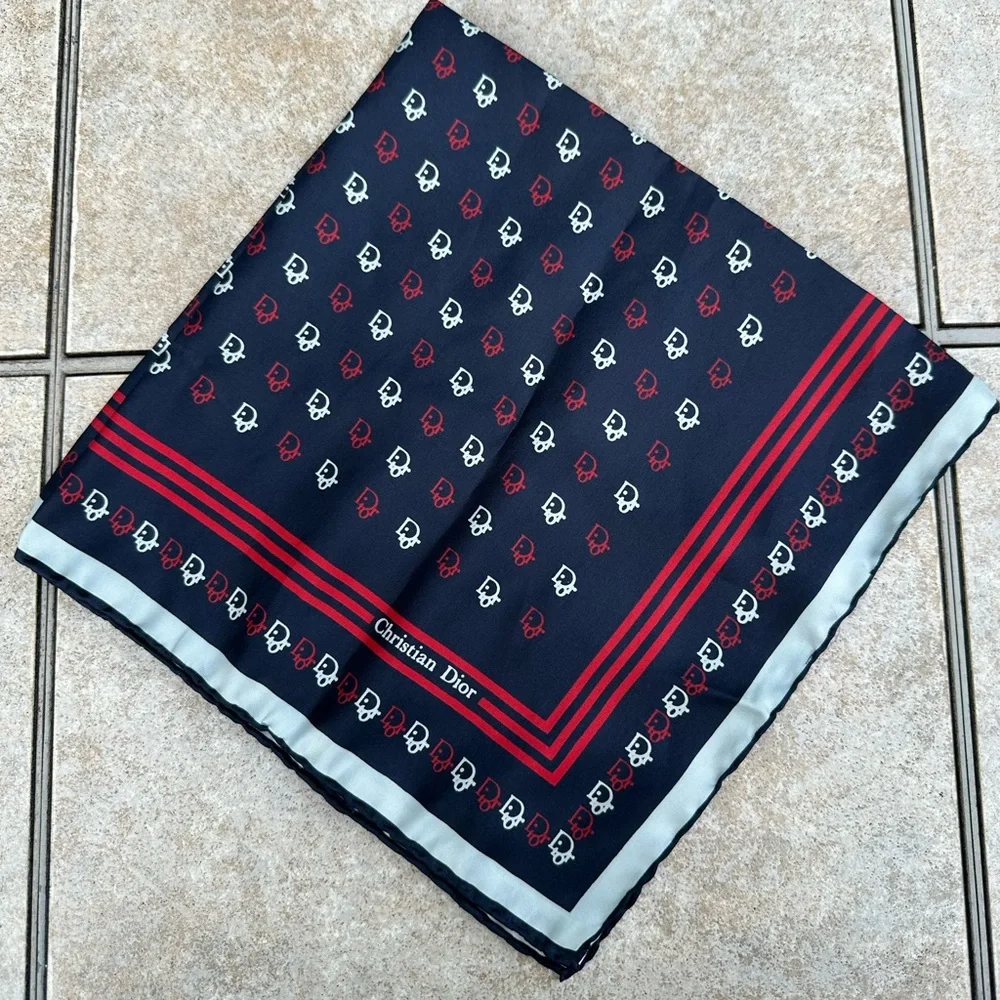 Christian Dior Blue Red White Silk Allover Logo Print Bordered Hand Roll Scarf